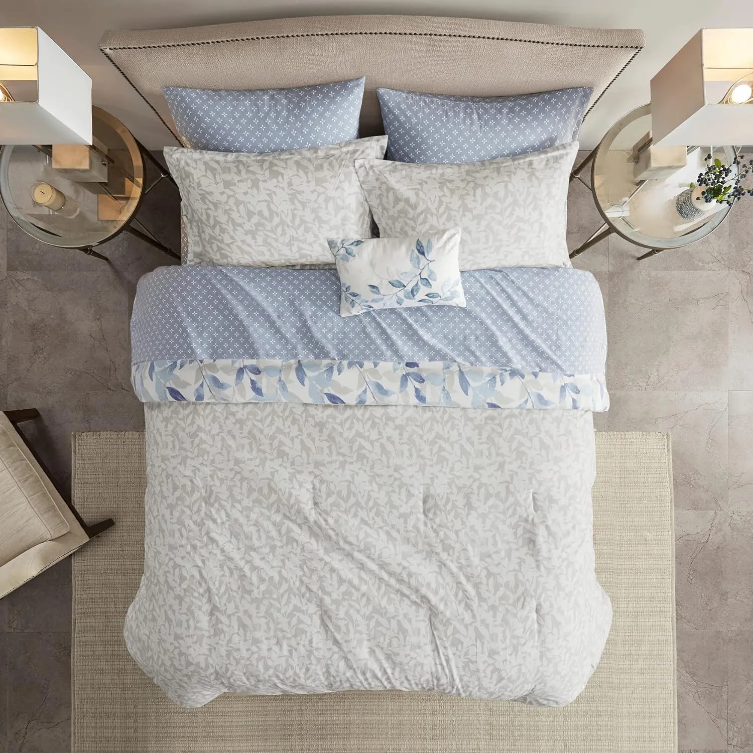 Madison Park Essentials Cozy Bed in a Bag Reversible Comforter with Complete Sheet Set - Modern Botanical Print All Season Cover, Shams, Decorative Pillow, Queen(90"x90"), Blue 8 Piece