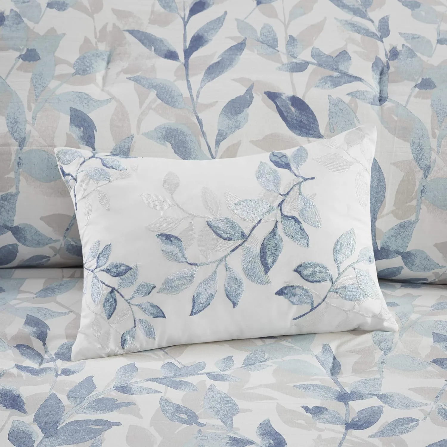 Madison Park Essentials Cozy Bed in a Bag Reversible Comforter with Complete Sheet Set - Modern Botanical Print All Season Cover, Shams, Decorative Pillow, Queen(90"x90"), Blue 8 Piece