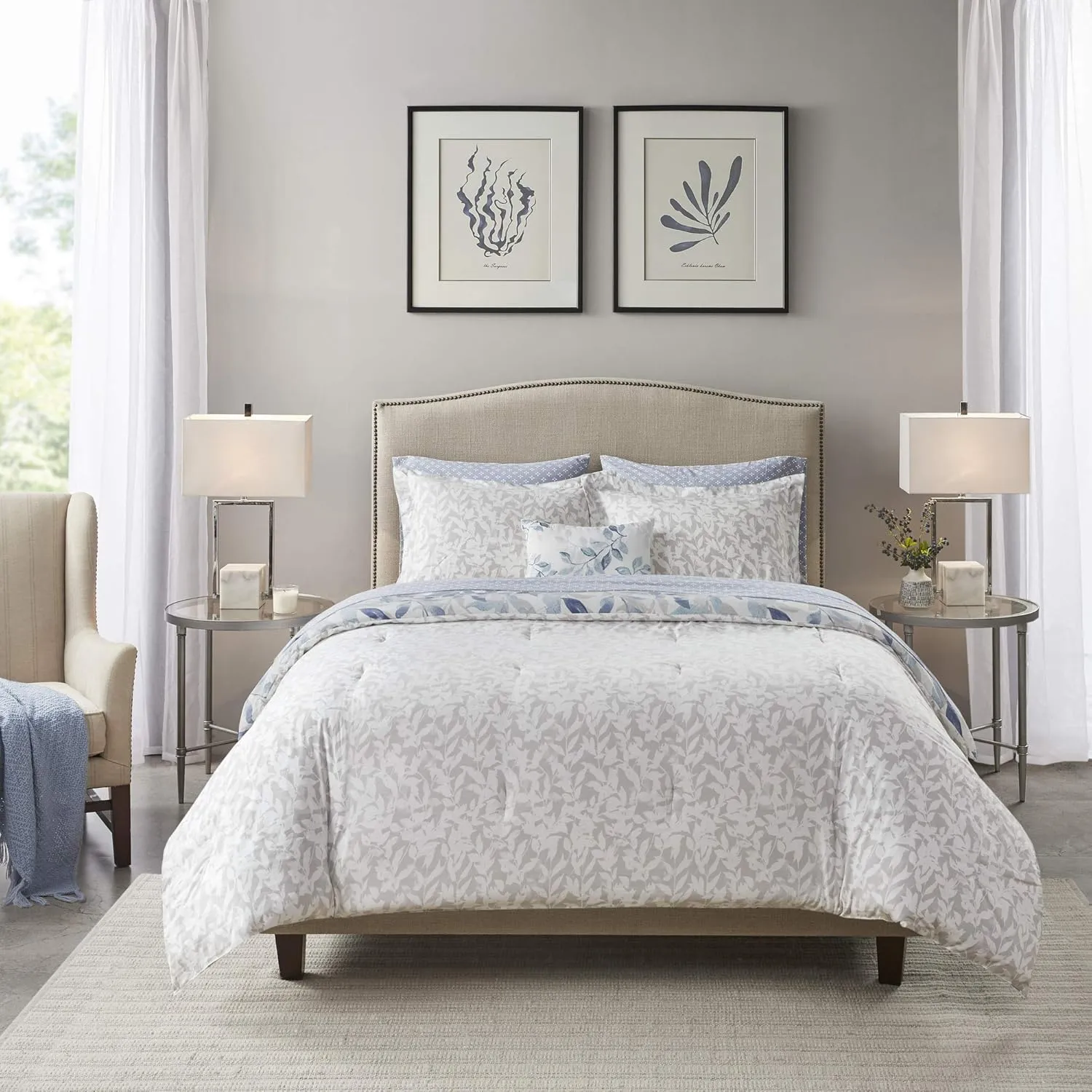Madison Park Essentials Cozy Bed in a Bag Reversible Comforter with Complete Sheet Set - Modern Botanical Print All Season Cover, Shams, Decorative Pillow, Queen(90"x90"), Blue 8 Piece