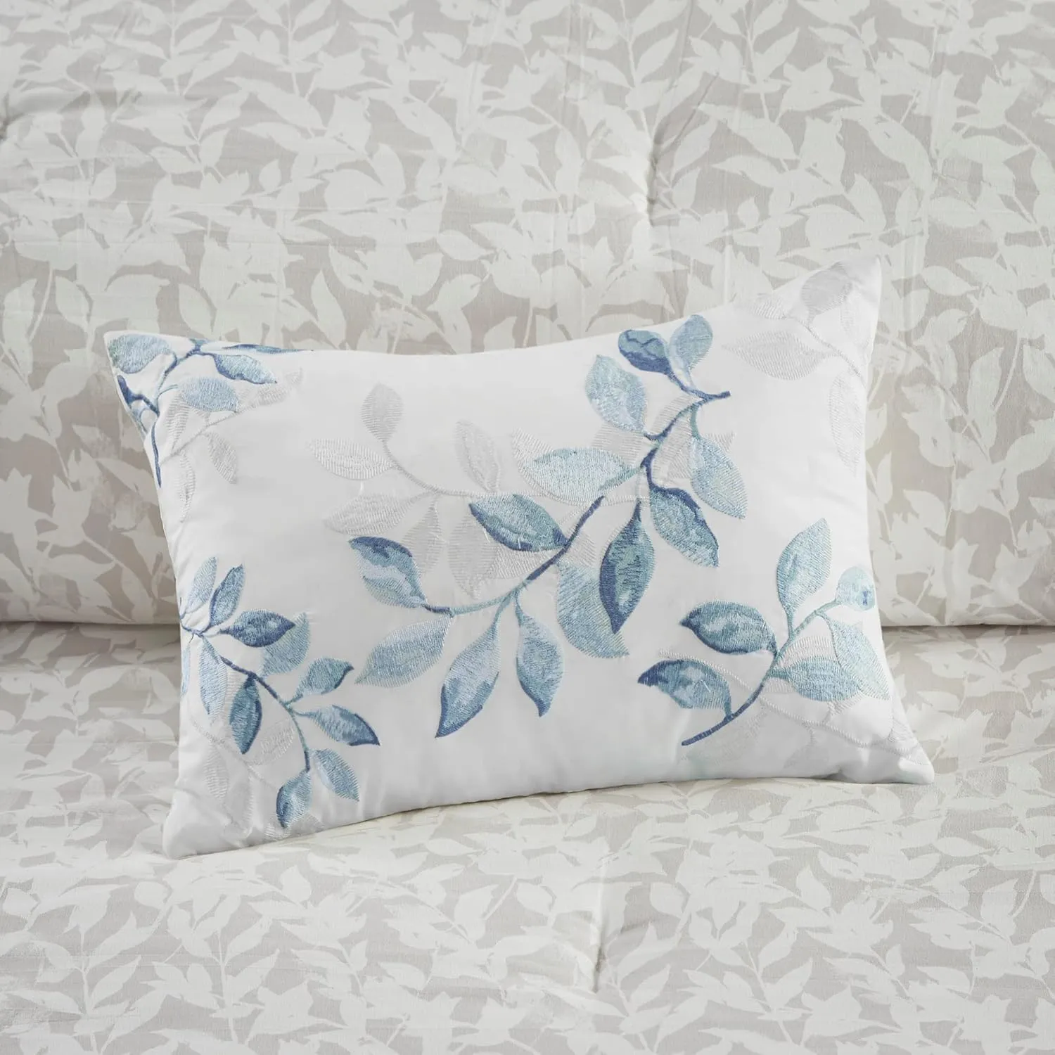 Madison Park Essentials Cozy Bed in a Bag Reversible Comforter with Complete Sheet Set - Modern Botanical Print All Season Cover, Shams, Decorative Pillow, Queen(90"x90"), Blue 8 Piece