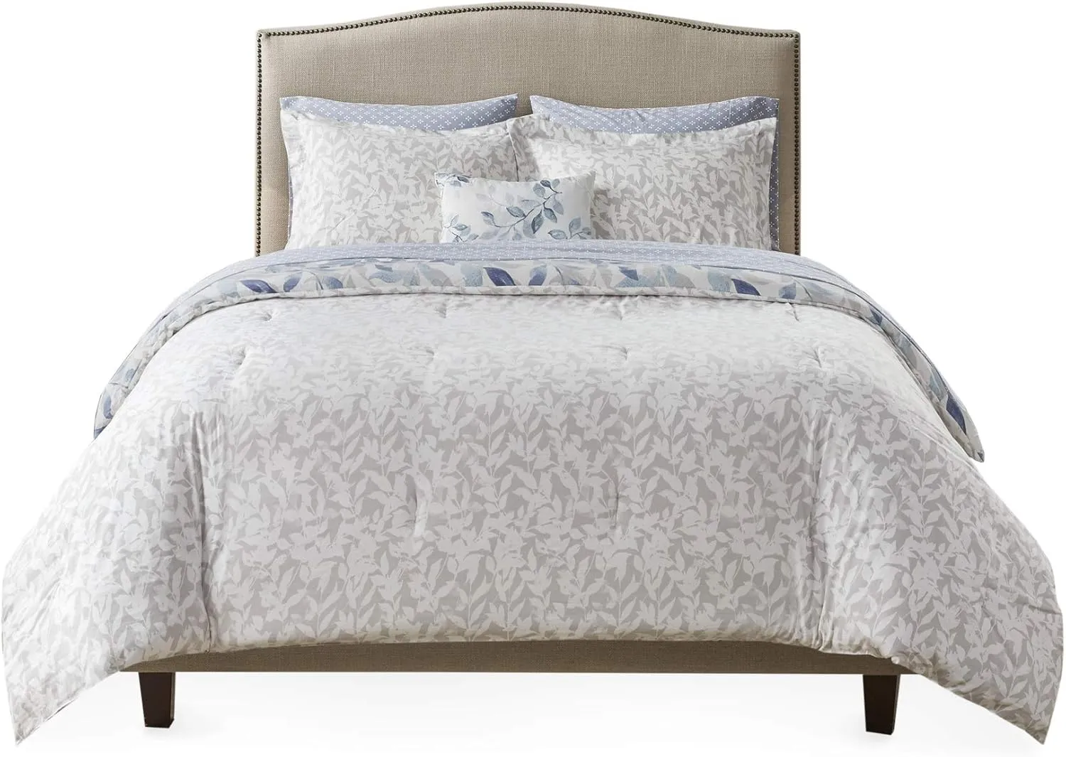 Madison Park Essentials Cozy Bed in a Bag Reversible Comforter with Complete Sheet Set - Modern Botanical Print All Season Cover, Shams, Decorative Pillow, Queen(90"x90"), Blue 8 Piece