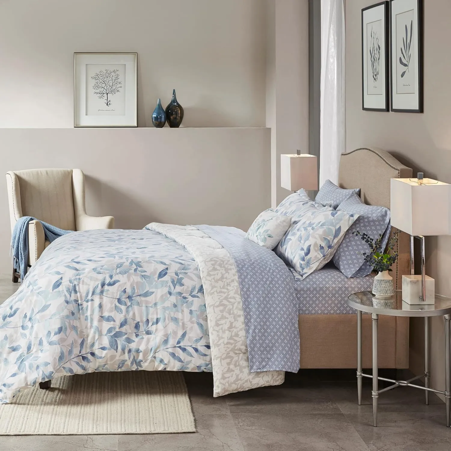 Madison Park Essentials Cozy Bed in a Bag Reversible Comforter with Complete Sheet Set - Modern Botanical Print All Season Cover, Shams, Decorative Pillow, Queen(90"x90"), Blue 8 Piece
