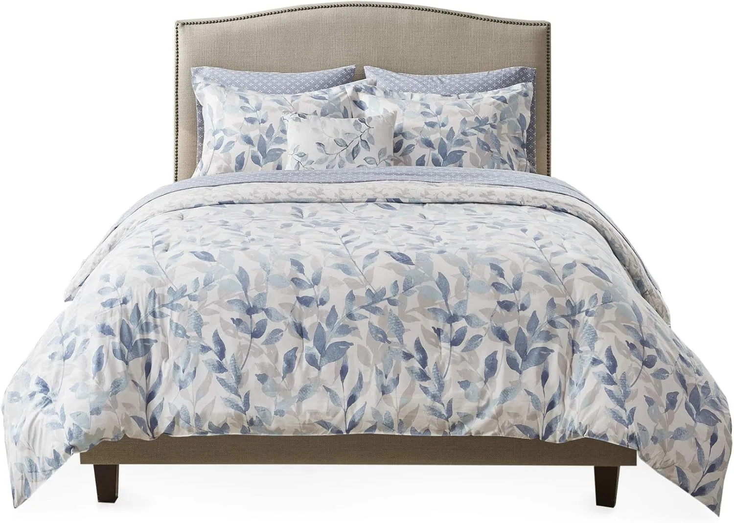 Madison Park Essentials Cozy Bed in a Bag Reversible Comforter with Complete Sheet Set - Modern Botanical Print All Season Cover, Shams, Decorative Pillow, Queen(90"x90"), Blue 8 Piece