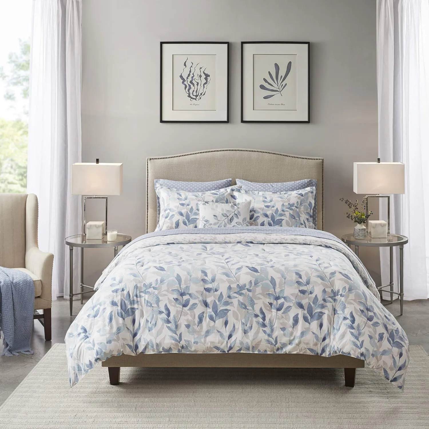 Madison Park Essentials Cozy Bed in a Bag Reversible Comforter with Complete Sheet Set - Modern Botanical Print All Season Cover, Shams, Decorative Pillow, Queen(90"x90"), Blue 8 Piece