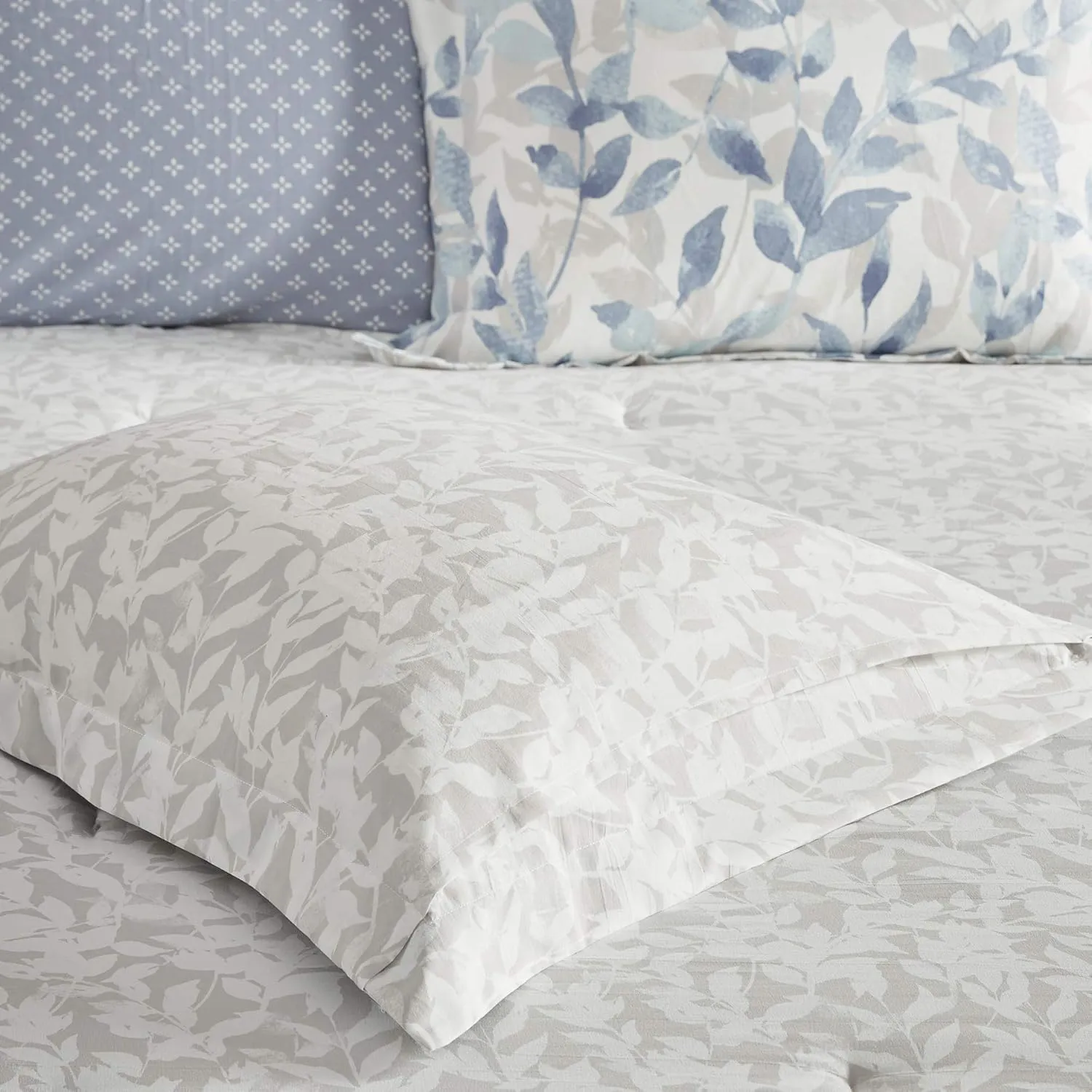 Madison Park Essentials Cozy Bed in a Bag Reversible Comforter with Complete Sheet Set - Modern Botanical Print All Season Cover, Shams, Decorative Pillow, Queen(90"x90"), Blue 8 Piece