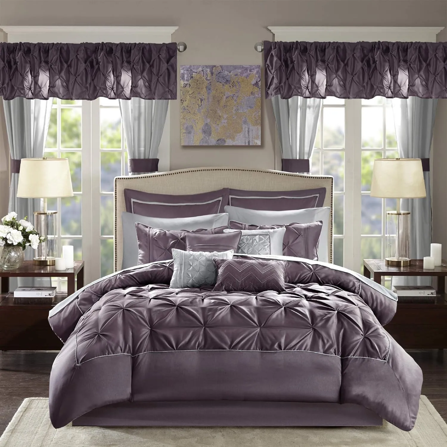 Madison Park Essentials King Comforter Set, 24 Piece Bedding With Matching Curtains, Decorative Pillows, Luxe Diamond Tufting , Room in a Bag Joella Collection, Plum King