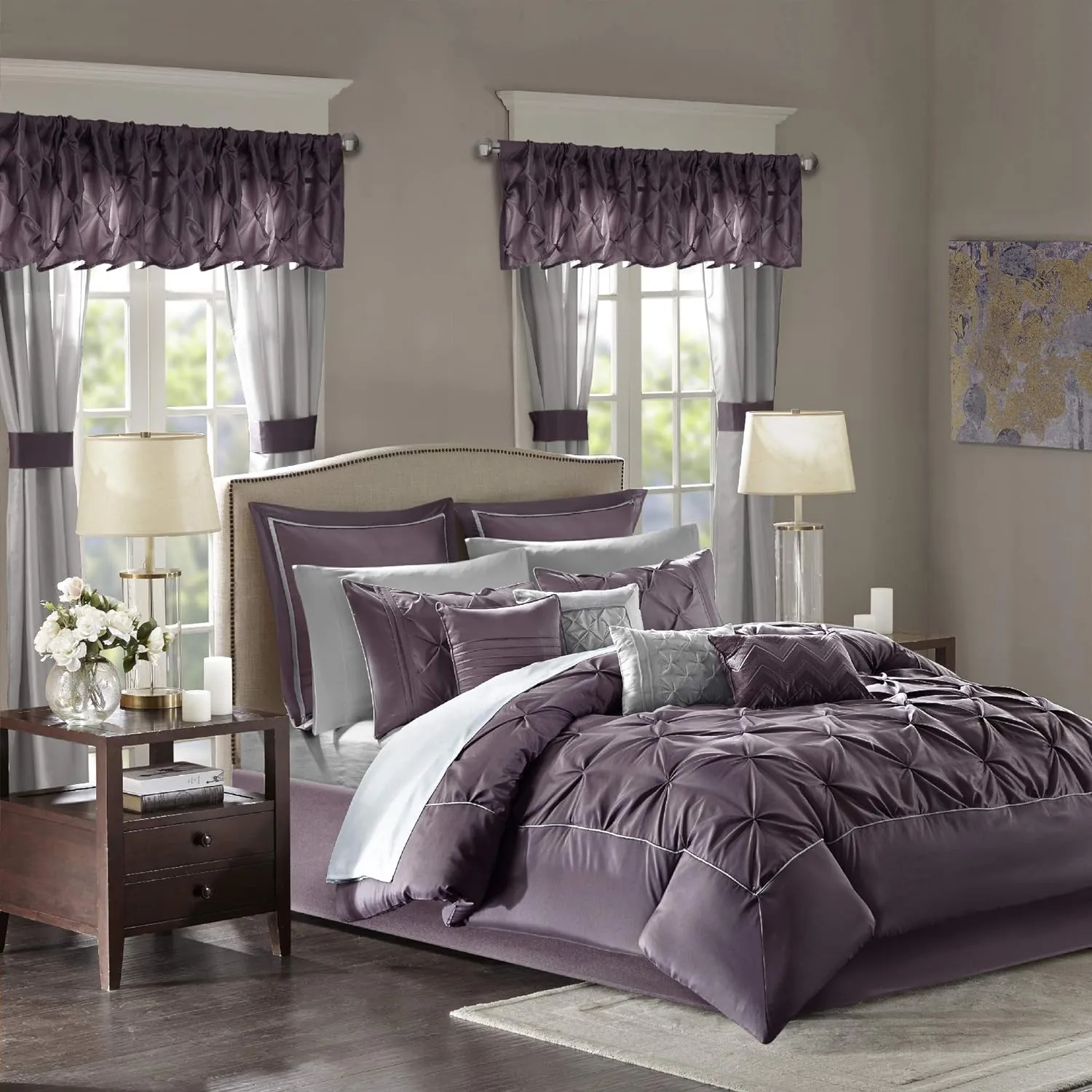 Madison Park Essentials King Comforter Set, 24 Piece Bedding With Matching Curtains, Decorative Pillows, Luxe Diamond Tufting , Room in a Bag Joella Collection, Plum King
