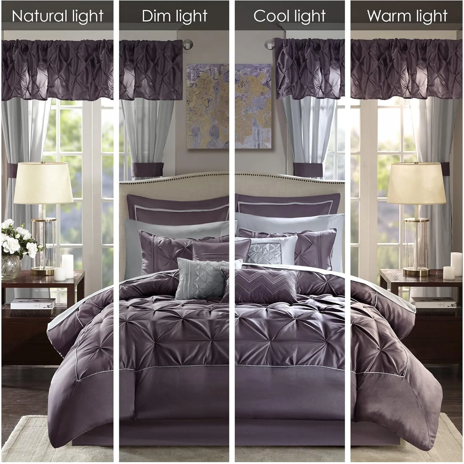 Madison Park Essentials King Comforter Set, 24 Piece Bedding With Matching Curtains, Decorative Pillows, Luxe Diamond Tufting , Room in a Bag Joella Collection, Plum King