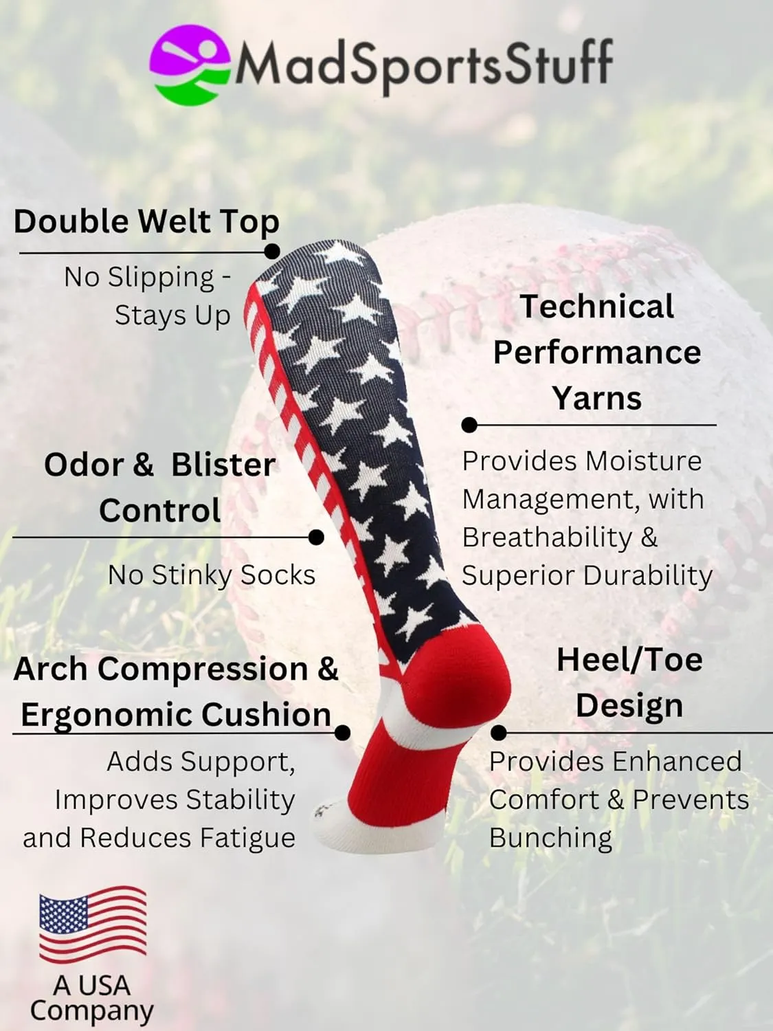 MadSportsStuff USA American Flag Stars and Stripes Socks for Baseball Softball Football Youth and Adult Boys Girls Men Women