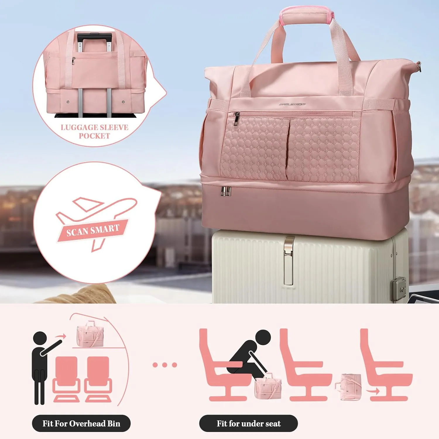 Maelstrom Gym Bag for Women,40L Travel Duffel Bag with Shoes Compartment and Wet Pocket,Waterproof Carry On Weekender Bag,Sport Gym Tote Bags Swimming Yoga, Hospital Holdalls-Pink