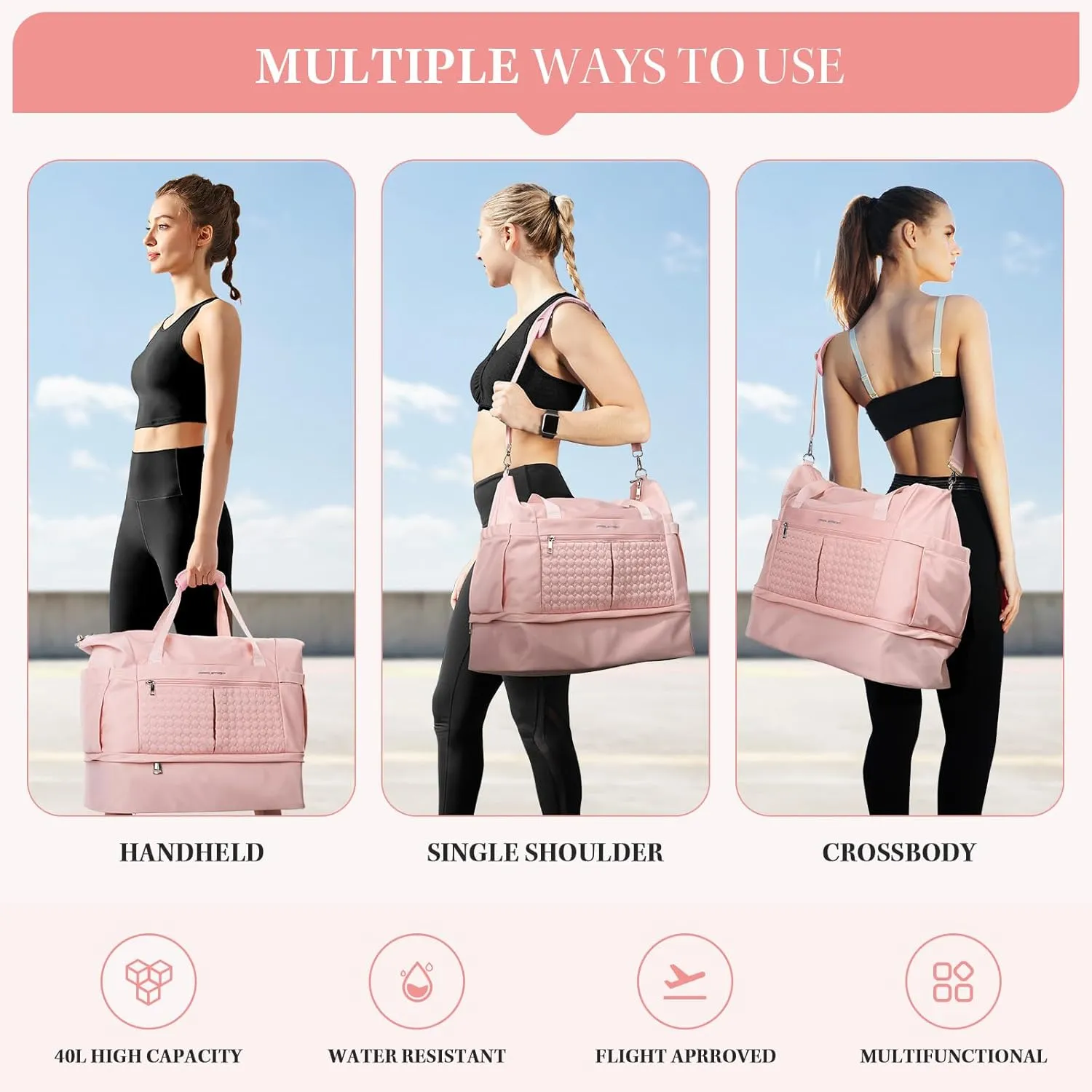 Maelstrom Gym Bag for Women,40L Travel Duffel Bag with Shoes Compartment and Wet Pocket,Waterproof Carry On Weekender Bag,Sport Gym Tote Bags Swimming Yoga, Hospital Holdalls-Pink