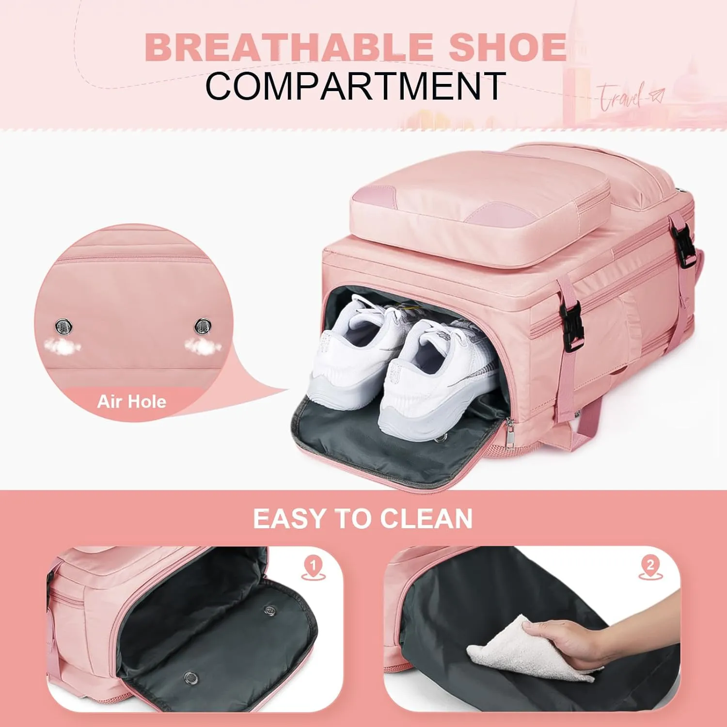 Maelstrom Travel Backpack for Women Men,35L Laptop Backpack Fits 17-Inch Laptop,Waterproof Carry On Backpack for Airplanes with Detachable Crossbody Bag&Shoe Compartment,Pink