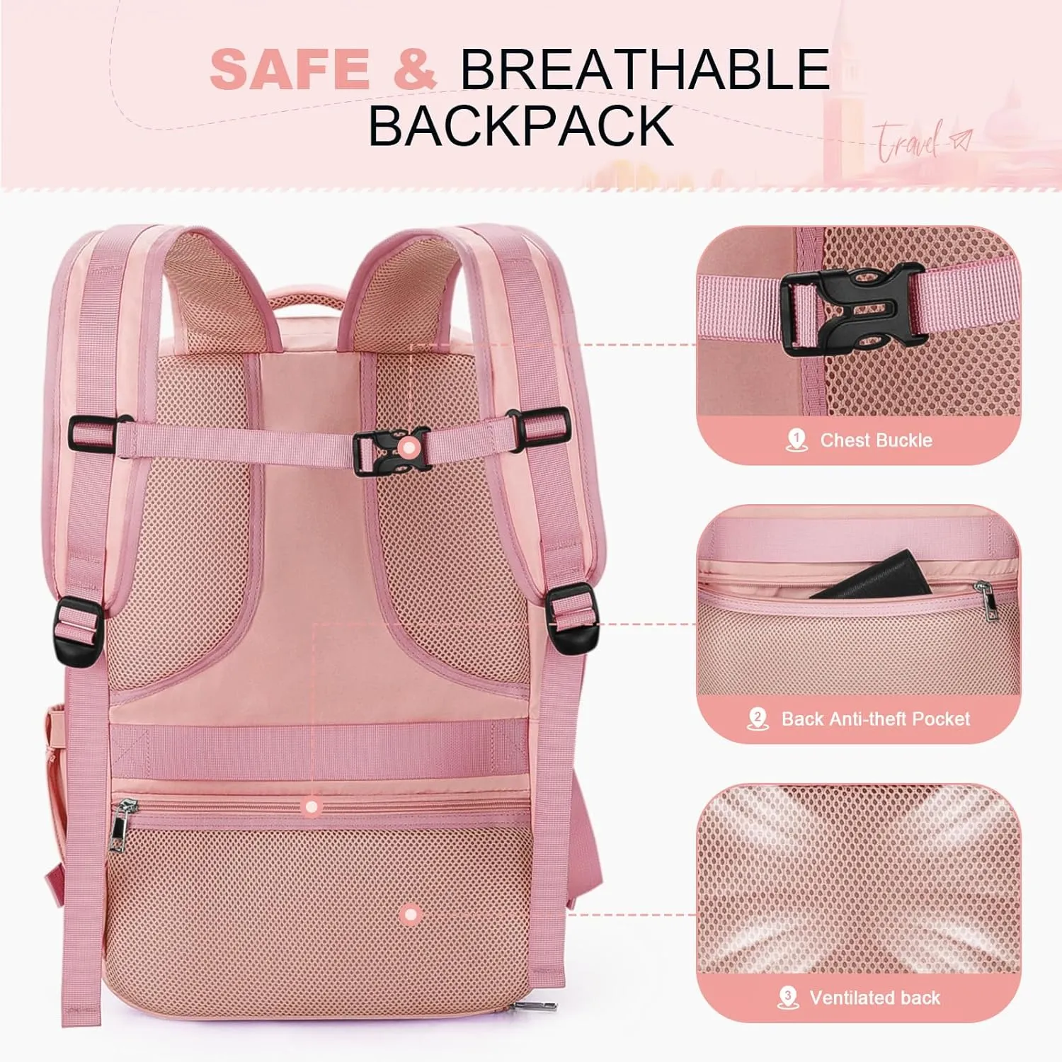 Maelstrom Travel Backpack for Women Men,35L Laptop Backpack Fits 17-Inch Laptop,Waterproof Carry On Backpack for Airplanes with Detachable Crossbody Bag&Shoe Compartment,Pink