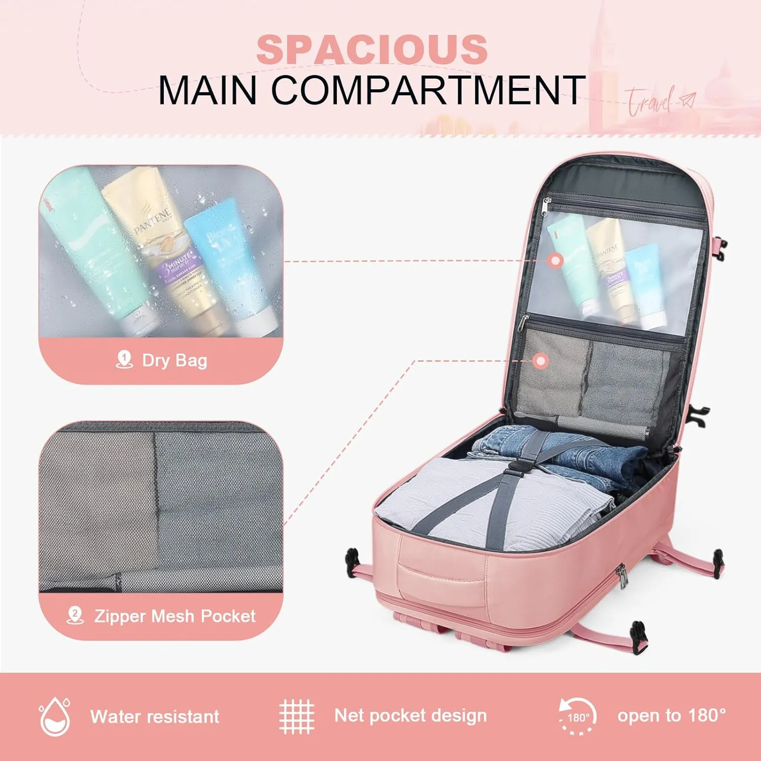 Maelstrom Travel Backpack for Women Men,35L Laptop Backpack Fits 17-Inch Laptop,Waterproof Carry On Backpack for Airplanes with Detachable Crossbody Bag&Shoe Compartment,Pink