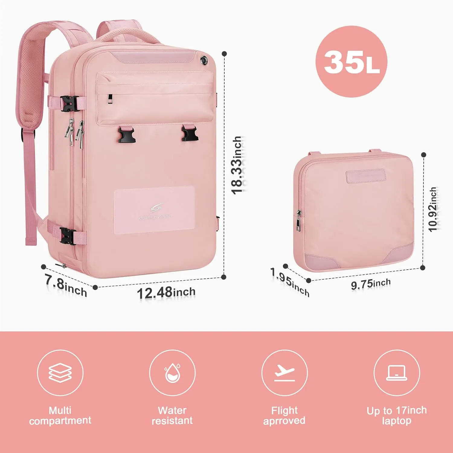 Maelstrom Travel Backpack for Women Men,35L Laptop Backpack Fits 17-Inch Laptop,Waterproof Carry On Backpack for Airplanes with Detachable Crossbody Bag&Shoe Compartment,Pink