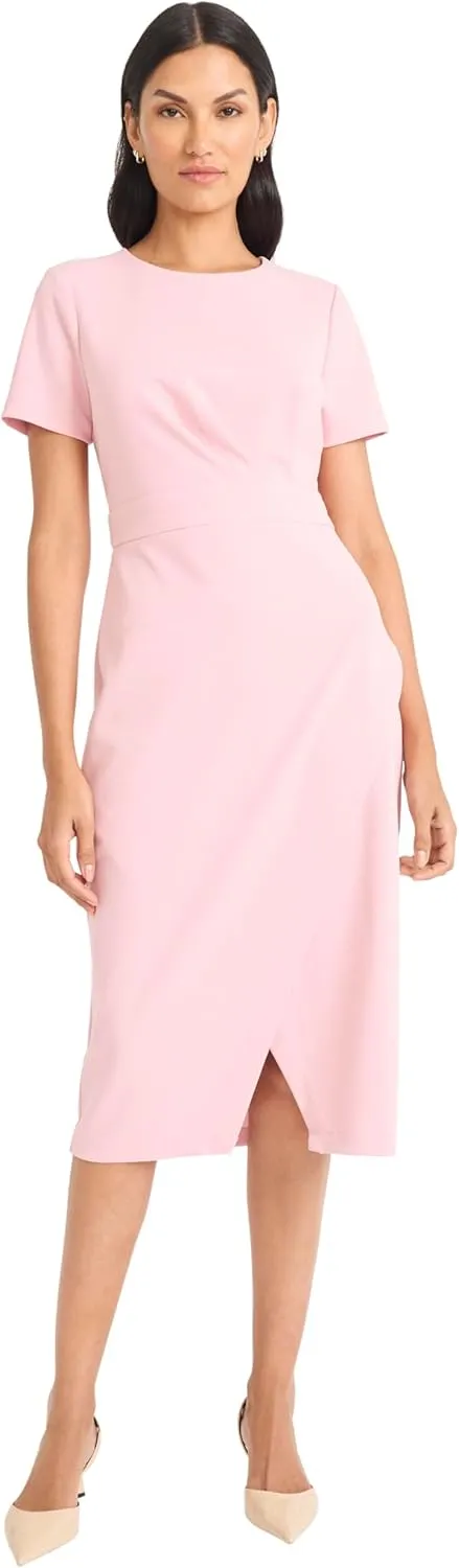 Maggy London Women's Elegant Fitted Midi Front Slit-Scuba Crepe Short Sleeve Professional Wedding Guest Cocktail Dress