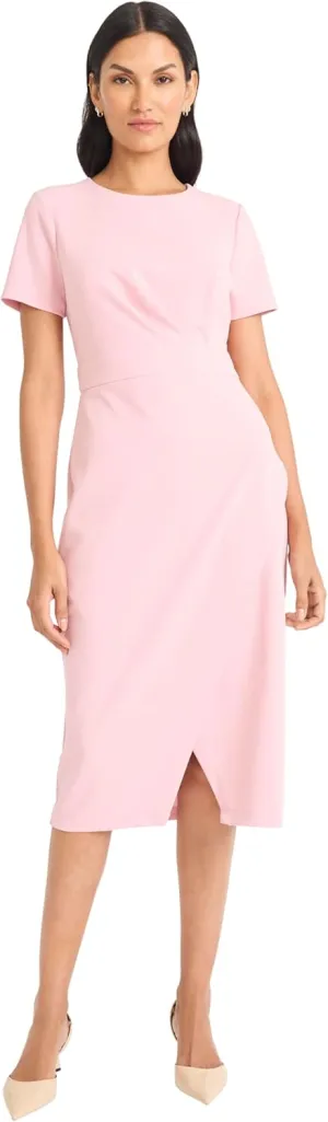Maggy London Women's Elegant Fitted Midi Front Slit-Scuba Crepe Short Sleeve Professional Wedding Guest Cocktail Dress