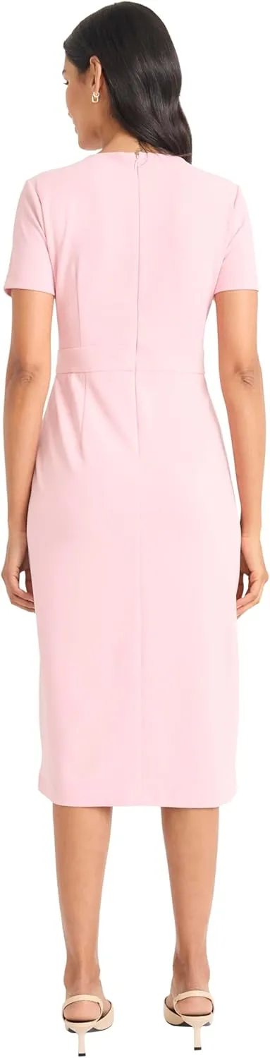 Maggy London Women's Elegant Fitted Midi Front Slit-Scuba Crepe Short Sleeve Professional Wedding Guest Cocktail Dress