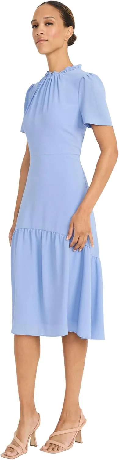 Maggy London Women's Elegant Ruffle Mock Neck Short Sleeve Midi A-line Cocktail-Special Occasion Wedding Guest Dress