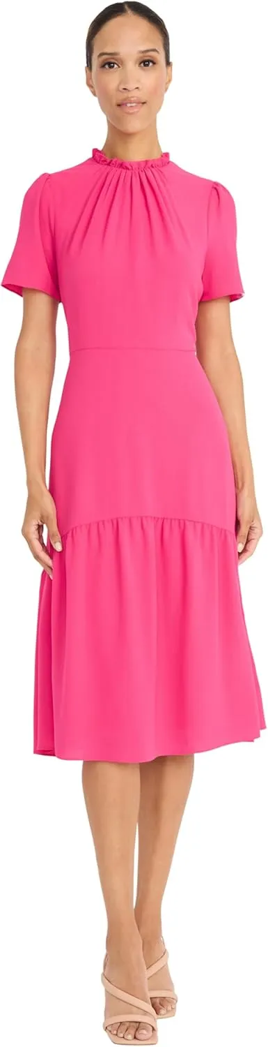 Maggy London Women's Elegant Ruffle Mock Neck Short Sleeve Midi A-line Cocktail-Special Occasion Wedding Guest Dress