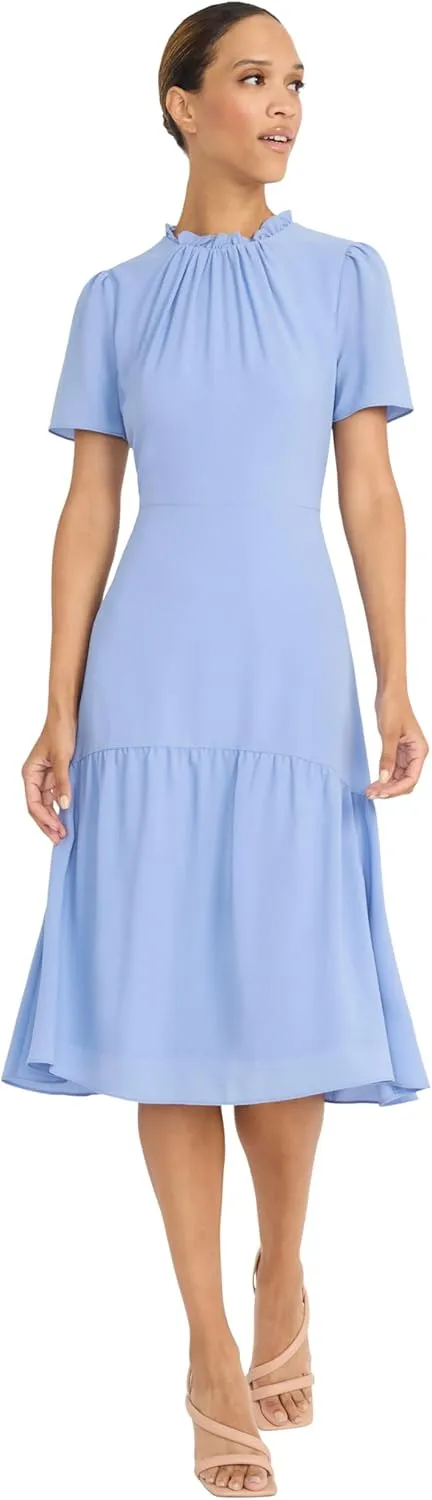 Maggy London Women's Elegant Ruffle Mock Neck Short Sleeve Midi A-line Cocktail-Special Occasion Wedding Guest Dress