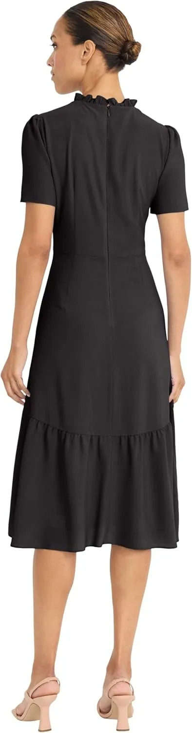 Maggy London Women's Elegant Ruffle Mock Neck Short Sleeve Midi A-line Cocktail-Special Occasion Wedding Guest Dress