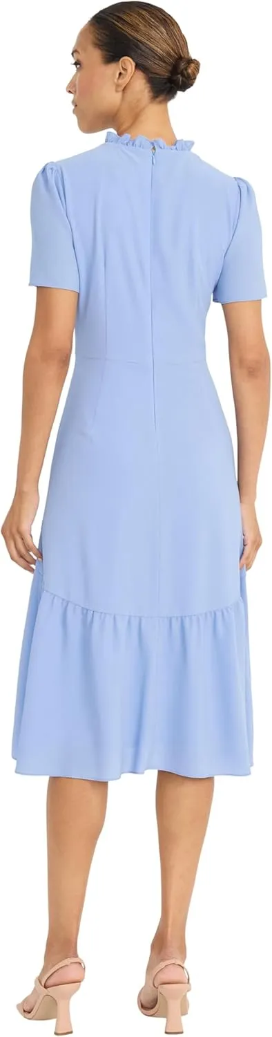 Maggy London Women's Elegant Ruffle Mock Neck Short Sleeve Midi A-line Cocktail-Special Occasion Wedding Guest Dress