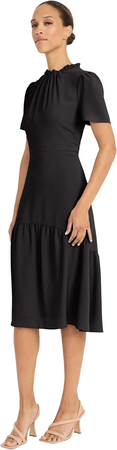 Maggy London Women's Elegant Ruffle Mock Neck Short Sleeve Midi A-line Cocktail-Special Occasion Wedding Guest Dress
