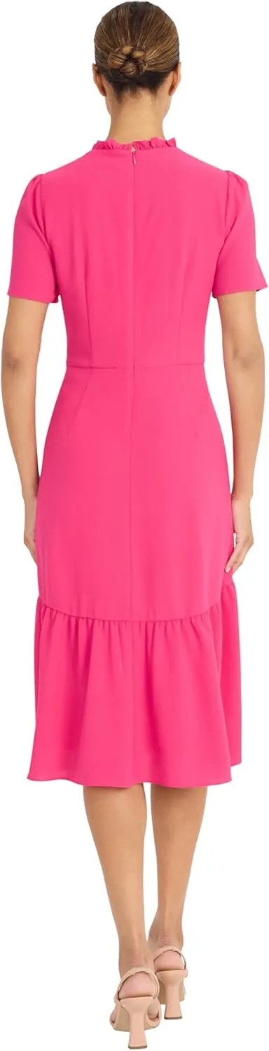 Maggy London Women's Elegant Ruffle Mock Neck Short Sleeve Midi A-line Cocktail-Special Occasion Wedding Guest Dress