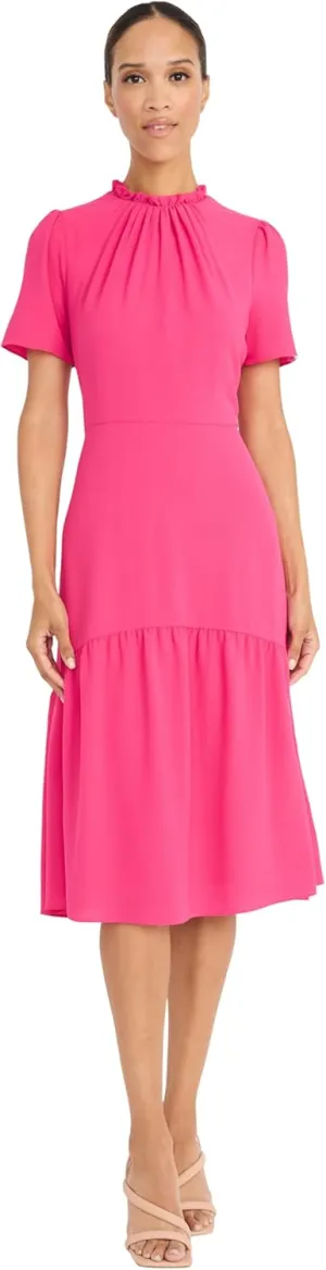 Maggy London Women's Elegant Ruffle Mock Neck Short Sleeve Midi A-line Cocktail-Special Occasion Wedding Guest Dress