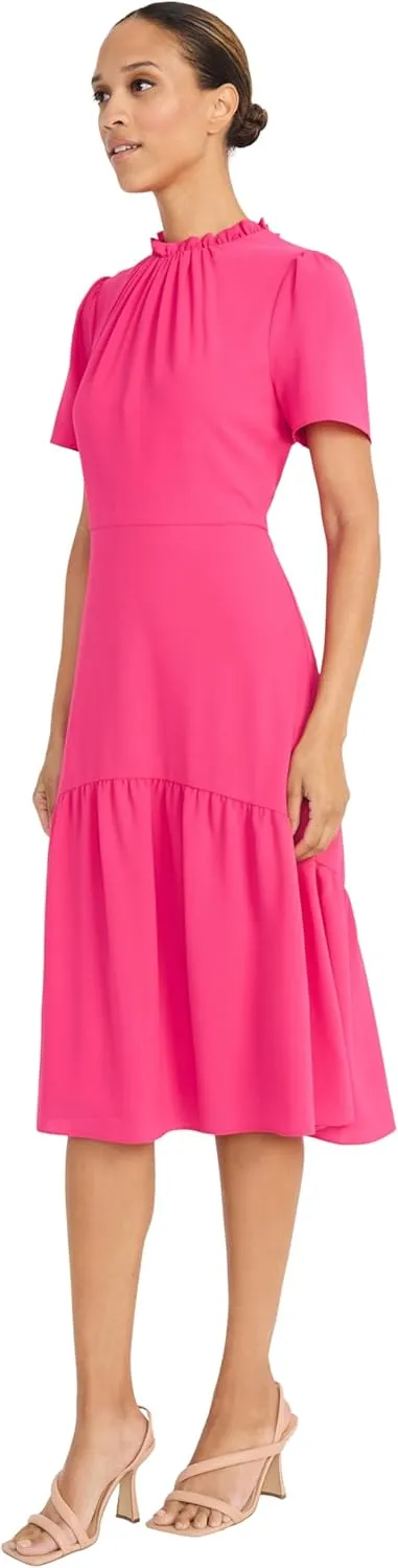 Maggy London Women's Elegant Ruffle Mock Neck Short Sleeve Midi A-line Cocktail-Special Occasion Wedding Guest Dress