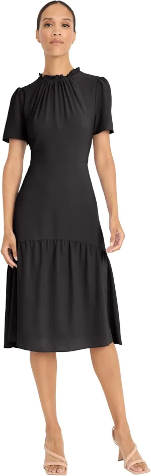 Maggy London Women's Elegant Ruffle Mock Neck Short Sleeve Midi A-line Cocktail-Special Occasion Wedding Guest Dress