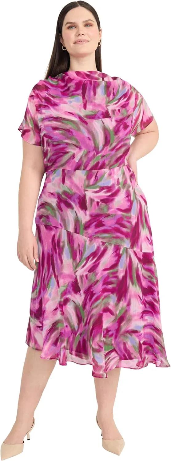 Maggy London Women's Semi Sheer Flutter Sleeve Cowl Neck Asymmetrical Midi Cocktail Dress