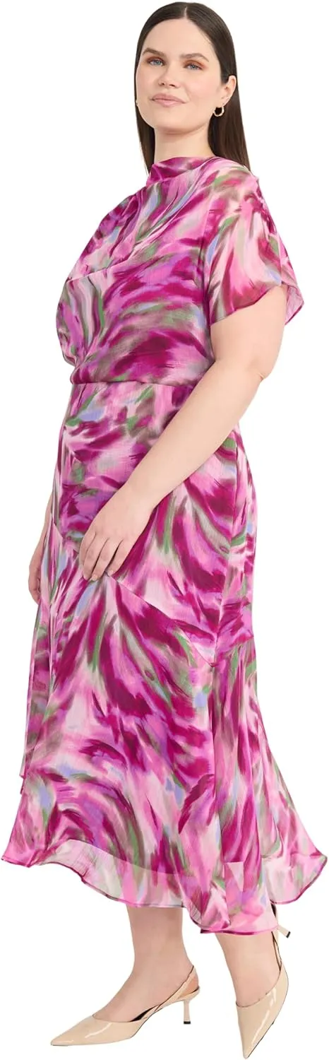 Maggy London Women's Semi Sheer Flutter Sleeve Cowl Neck Asymmetrical Midi Cocktail Dress