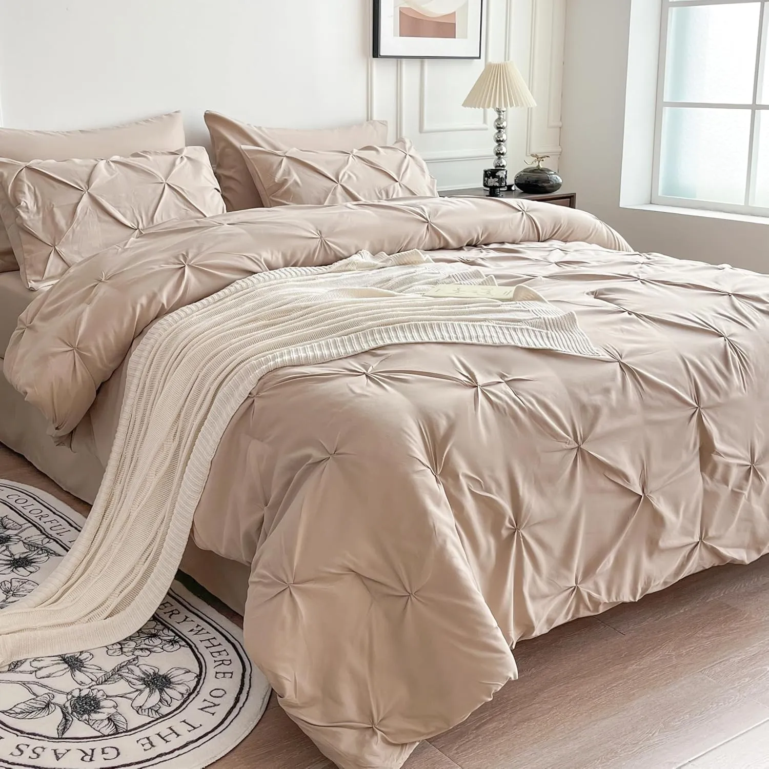 Maple&Stone Beige Comforter Set Queen, 7 Pieces Bed in a Bag Queen, Pintuck Bedding Sets with Comforter, Sheets, Pillowcases & Shams - Beige