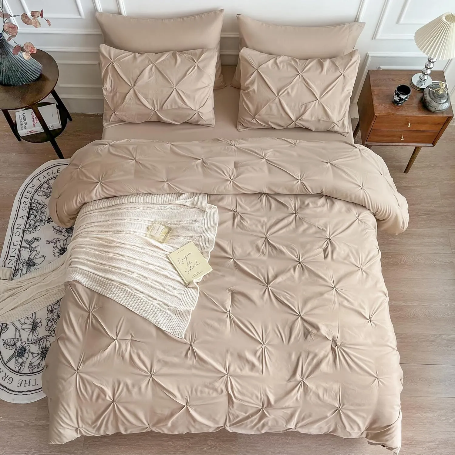 Maple&Stone Beige Comforter Set Queen, 7 Pieces Bed in a Bag Queen, Pintuck Bedding Sets with Comforter, Sheets, Pillowcases & Shams - Beige