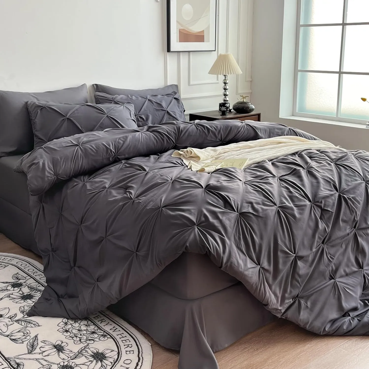 Maple&Stone Grey Comforter for Queen Size Bed, 7 Pieces Bed in a Bag Queen, Gray Comforter Set with Sheets, Pillowcases & Shams - Dark Grey