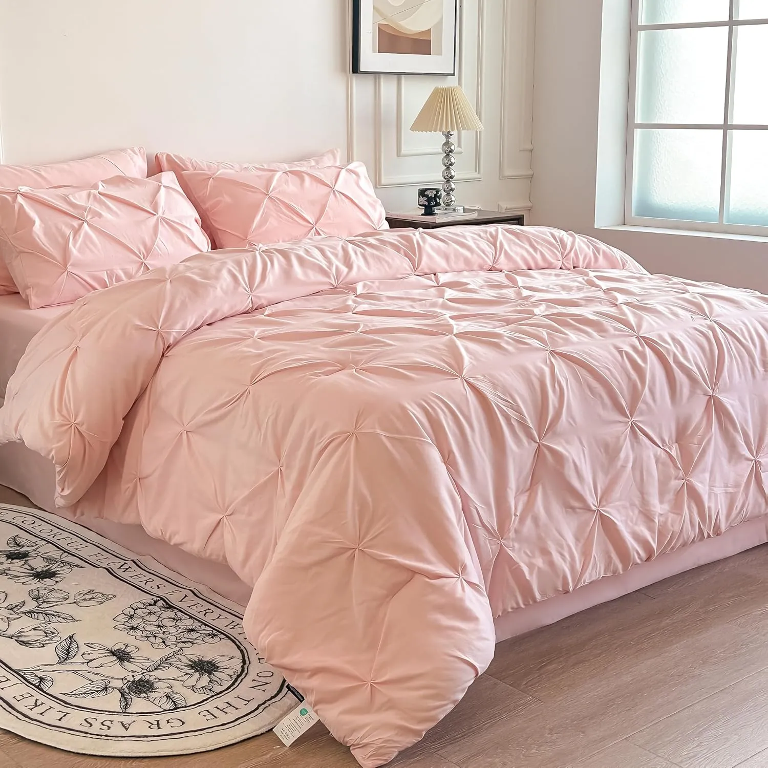 Maple&Stone King Size Comforter Set, 7 Pieces King Bedding Set, Pintuck Bed in a Bag Bed Set with Comforter, Sheets, Pillowcases & Shams - Pink