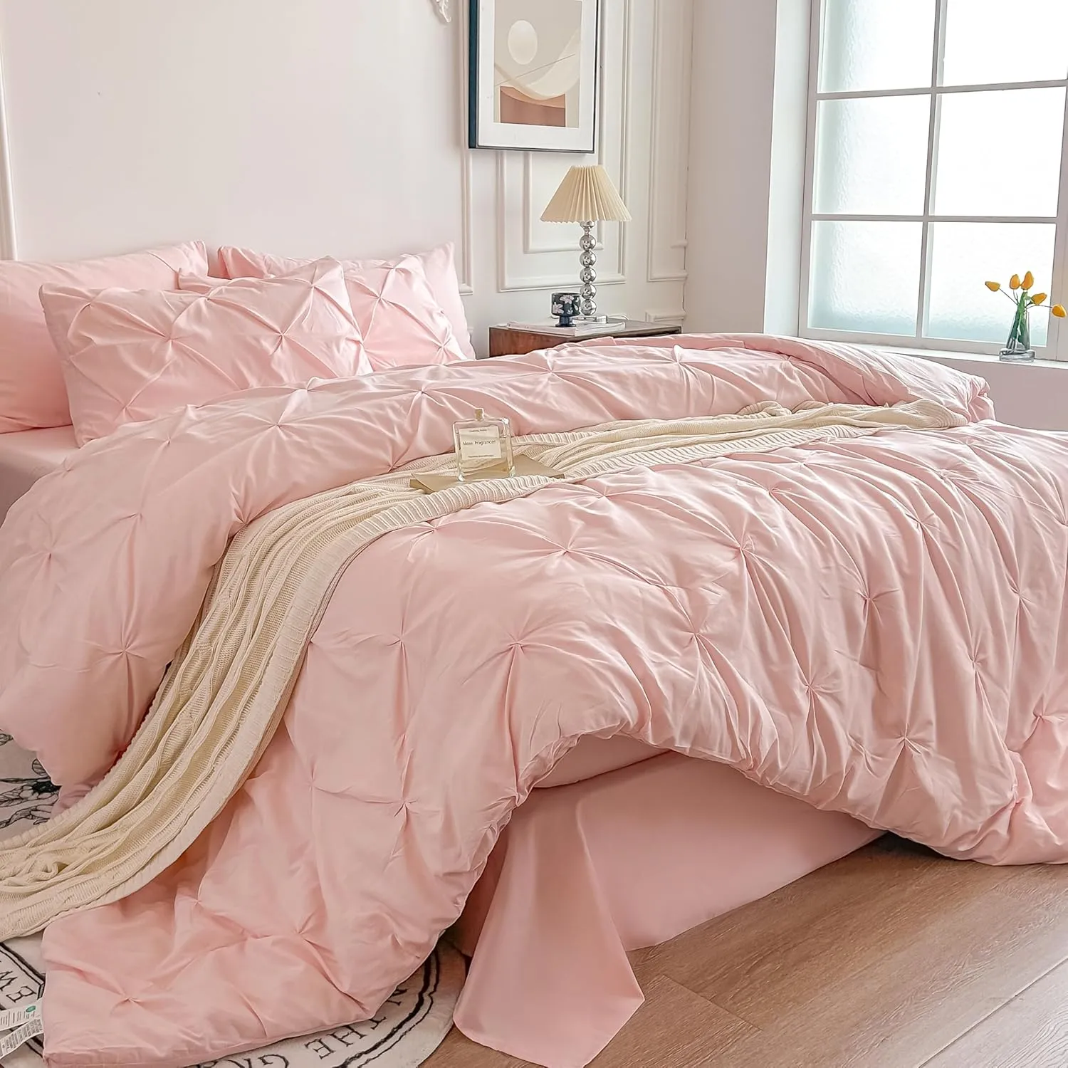 Maple&Stone King Size Comforter Set, 7 Pieces King Bedding Set, Pintuck Bed in a Bag Bed Set with Comforter, Sheets, Pillowcases & Shams - Pink