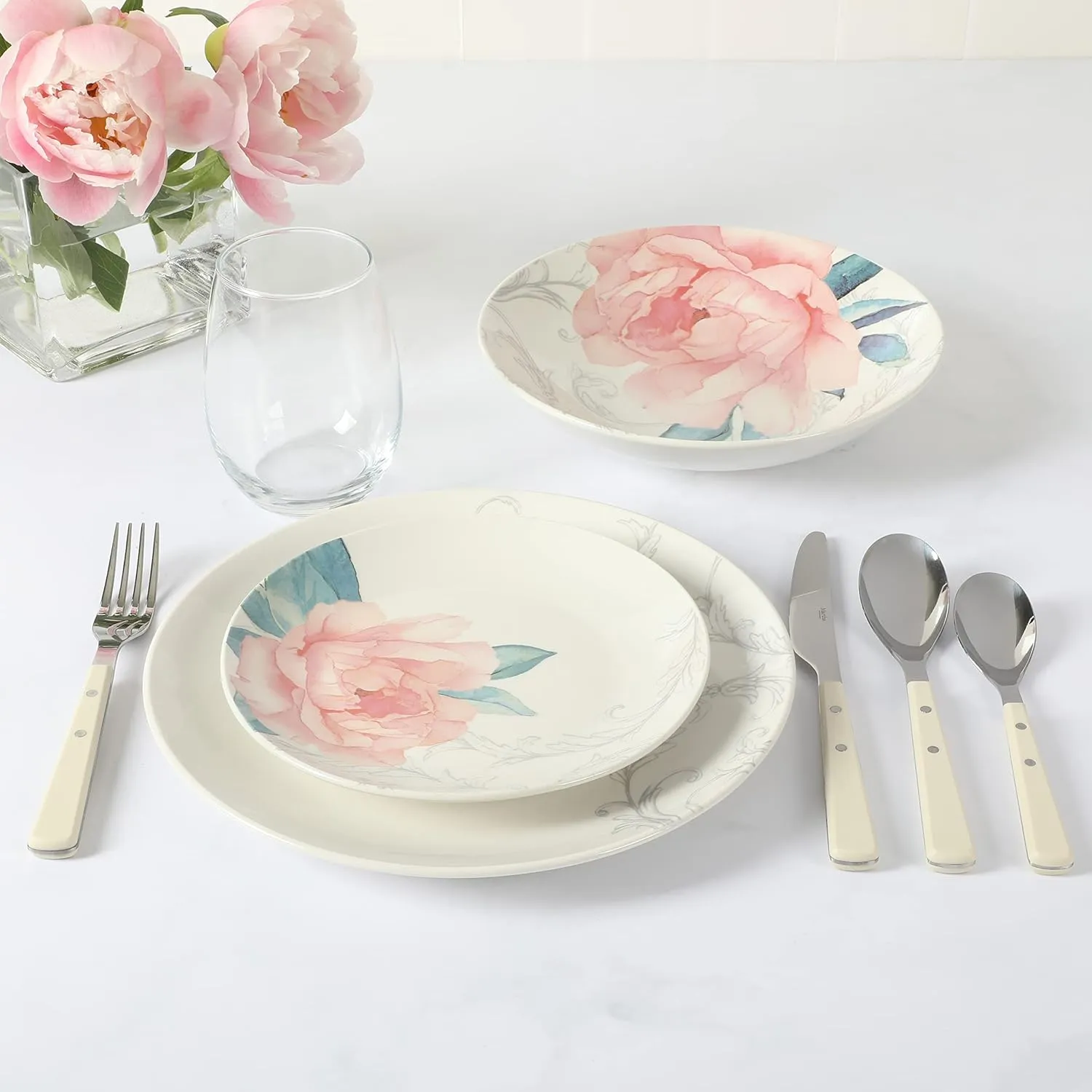 Martha Stewart Peony 12 Piece Porcelain Floral Dinnerware Set, Service for 4 (12pcs)