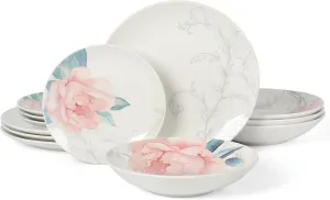 Martha Stewart Peony 12 Piece Porcelain Floral Dinnerware Set, Service for 4 (12pcs)