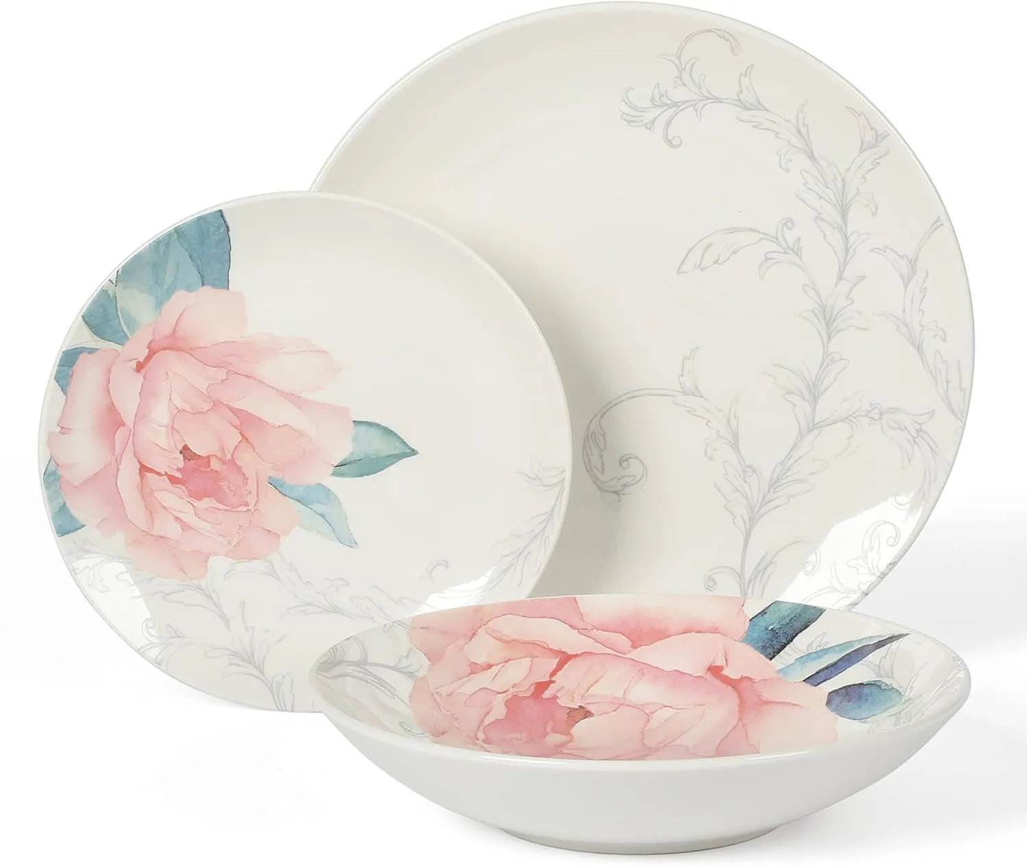 Martha Stewart Peony 12 Piece Porcelain Floral Dinnerware Set, Service for 4 (12pcs)