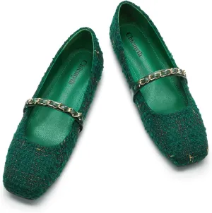 Mary Jane Flats;Square Toe Metal Chain Flats;Tweed Fabric Delicate and Elegant Women Shoes