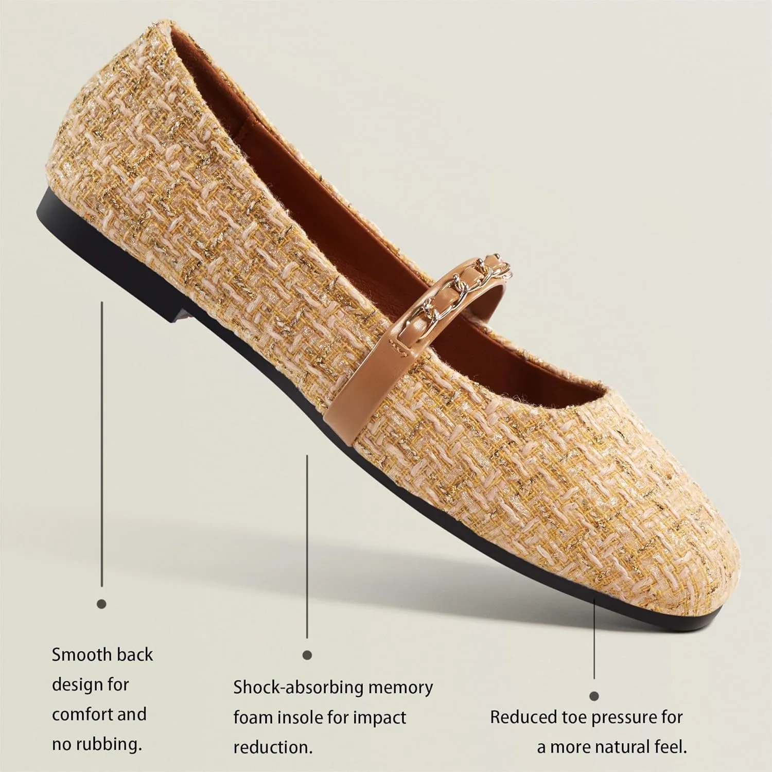 Mary Jane Flats;Square Toe Metal Chain Flats;Tweed Fabric Delicate and Elegant Women Shoes
