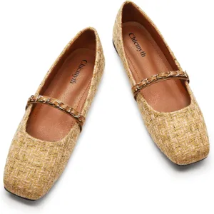 Mary Jane Flats;Square Toe Metal Chain Flats;Tweed Fabric Delicate and Elegant Women Shoes