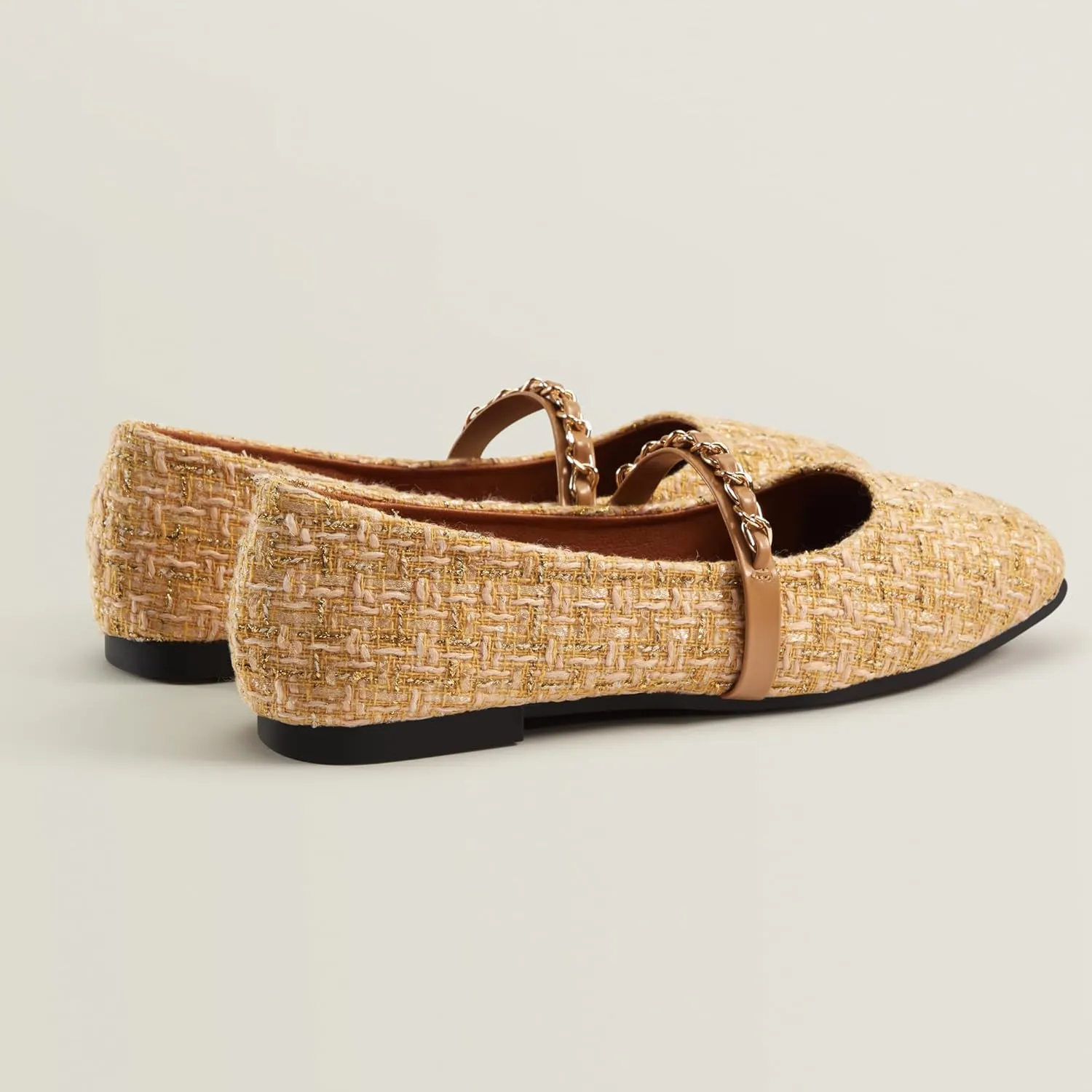 Mary Jane Flats;Square Toe Metal Chain Flats;Tweed Fabric Delicate and Elegant Women Shoes