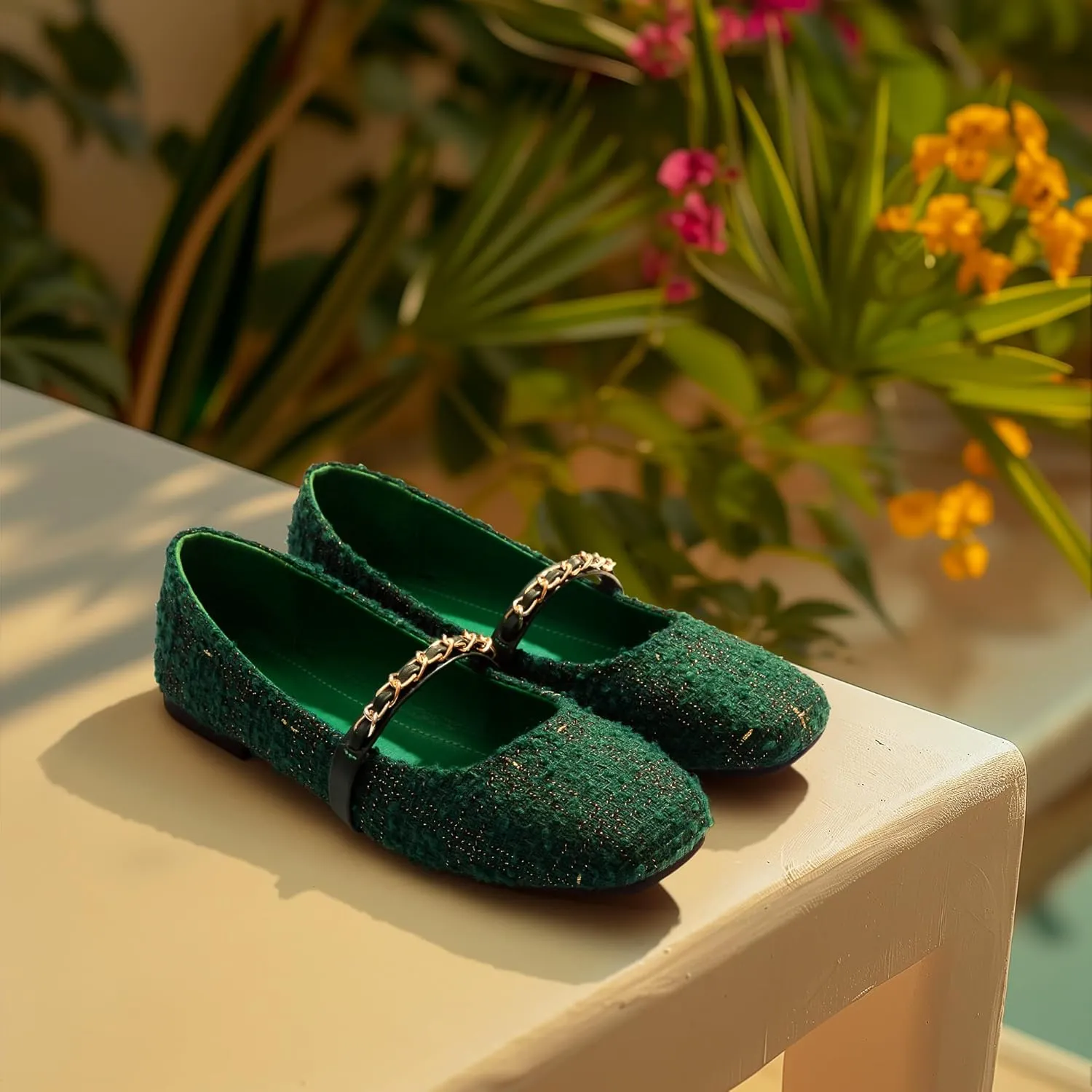 Mary Jane Flats;Square Toe Metal Chain Flats;Tweed Fabric Delicate and Elegant Women Shoes