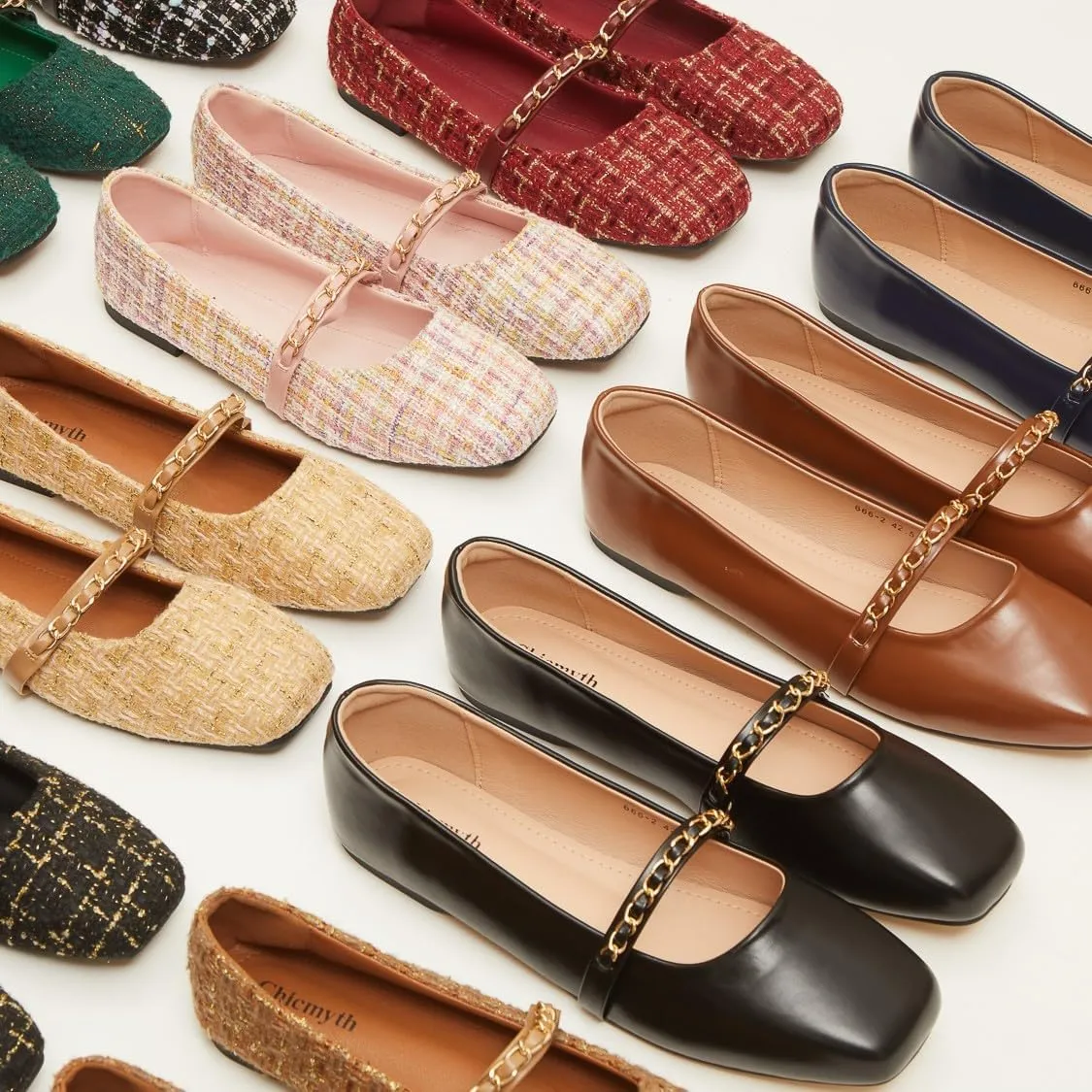 Mary Jane Flats;Square Toe Metal Chain Flats;Tweed Fabric Delicate and Elegant Women Shoes