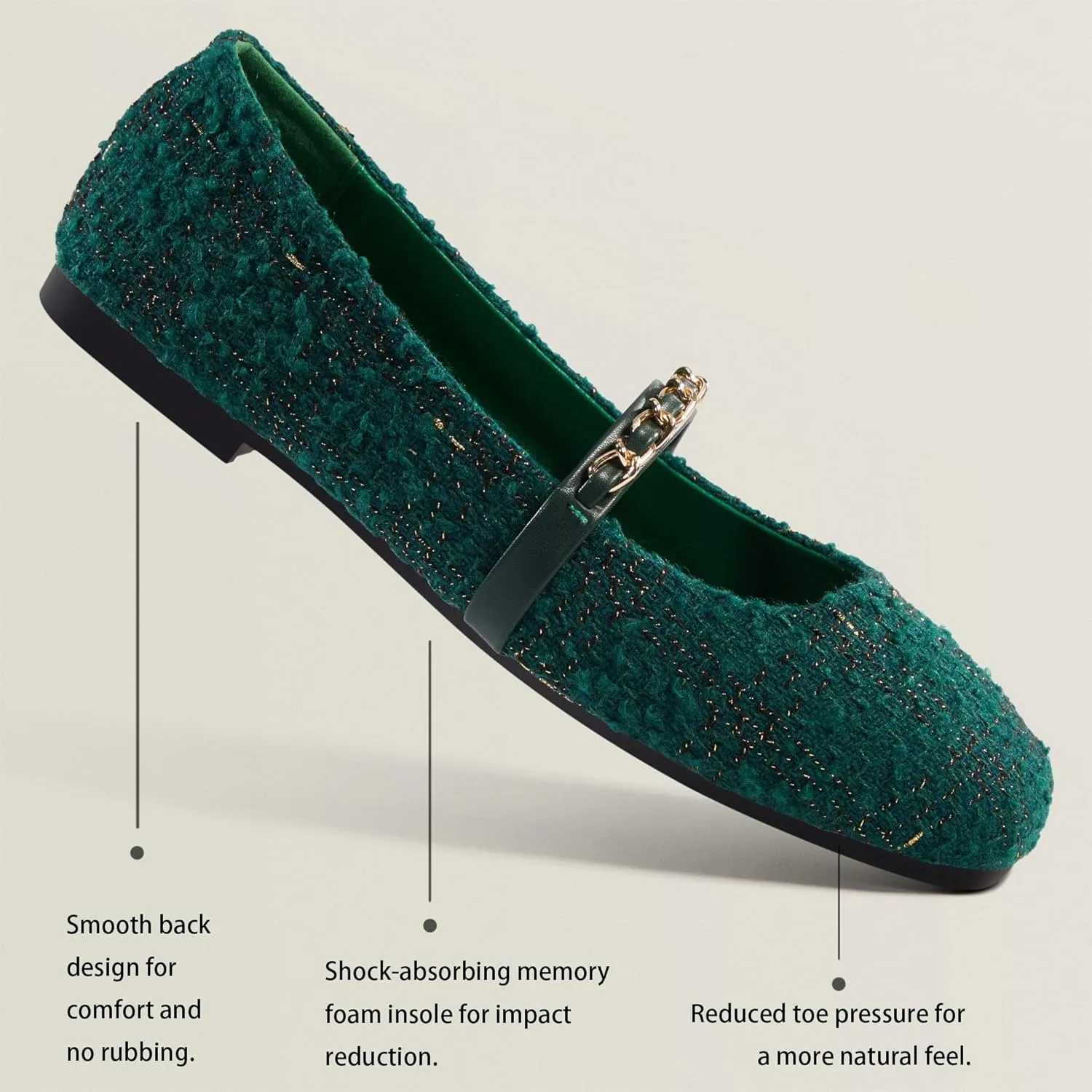 Mary Jane Flats;Square Toe Metal Chain Flats;Tweed Fabric Delicate and Elegant Women Shoes