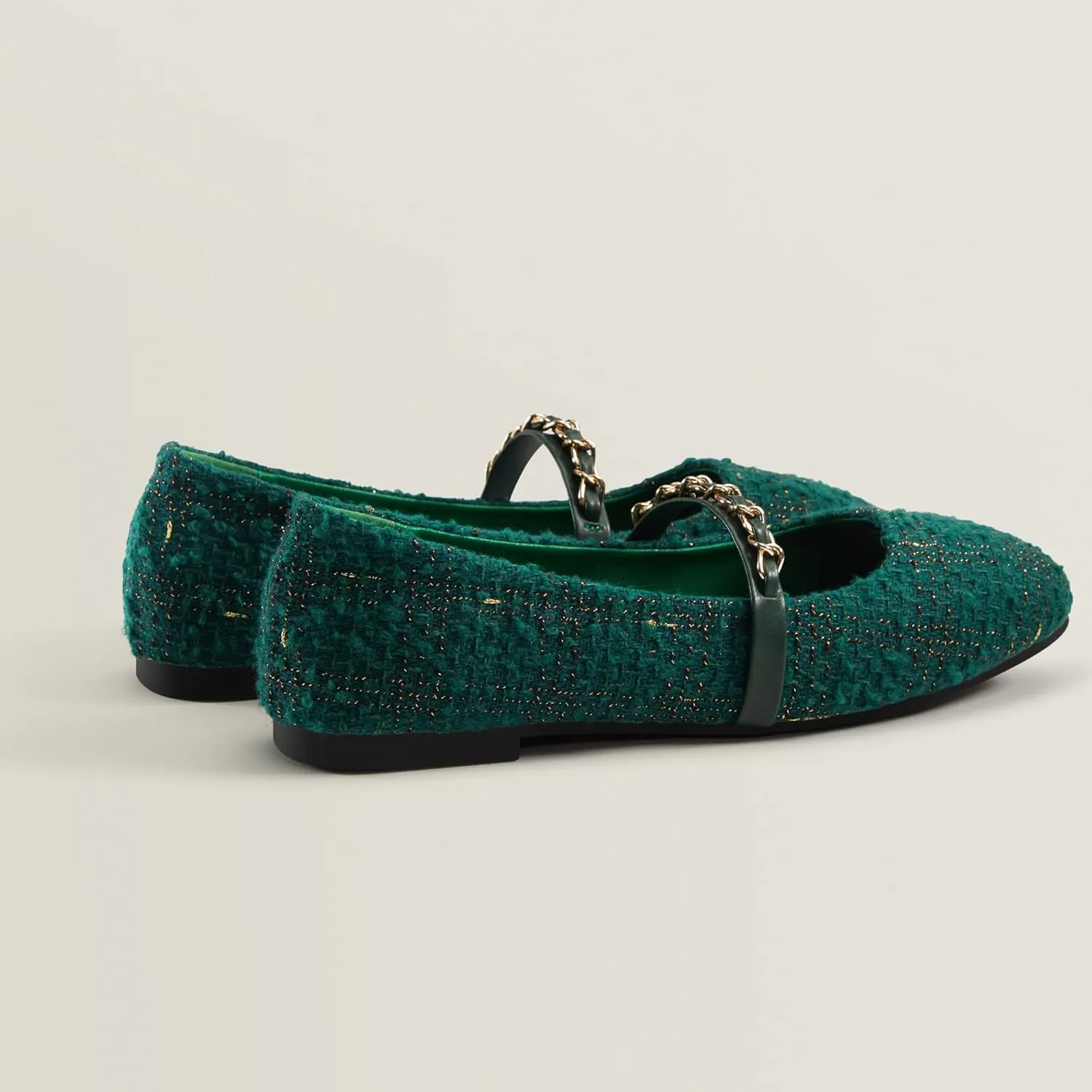 Mary Jane Flats;Square Toe Metal Chain Flats;Tweed Fabric Delicate and Elegant Women Shoes
